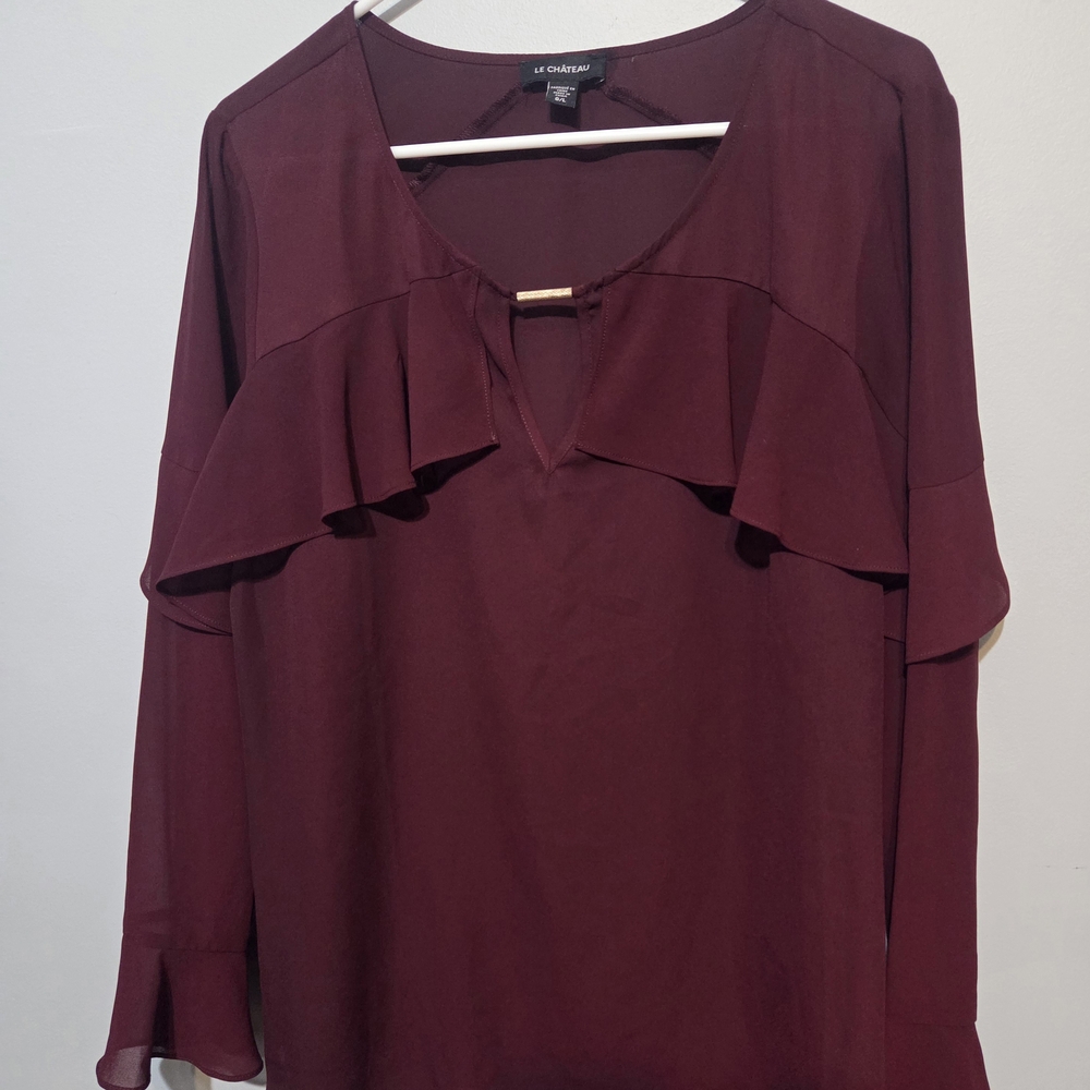 Le Chateau Deep Burgundy Ruffle Blouse